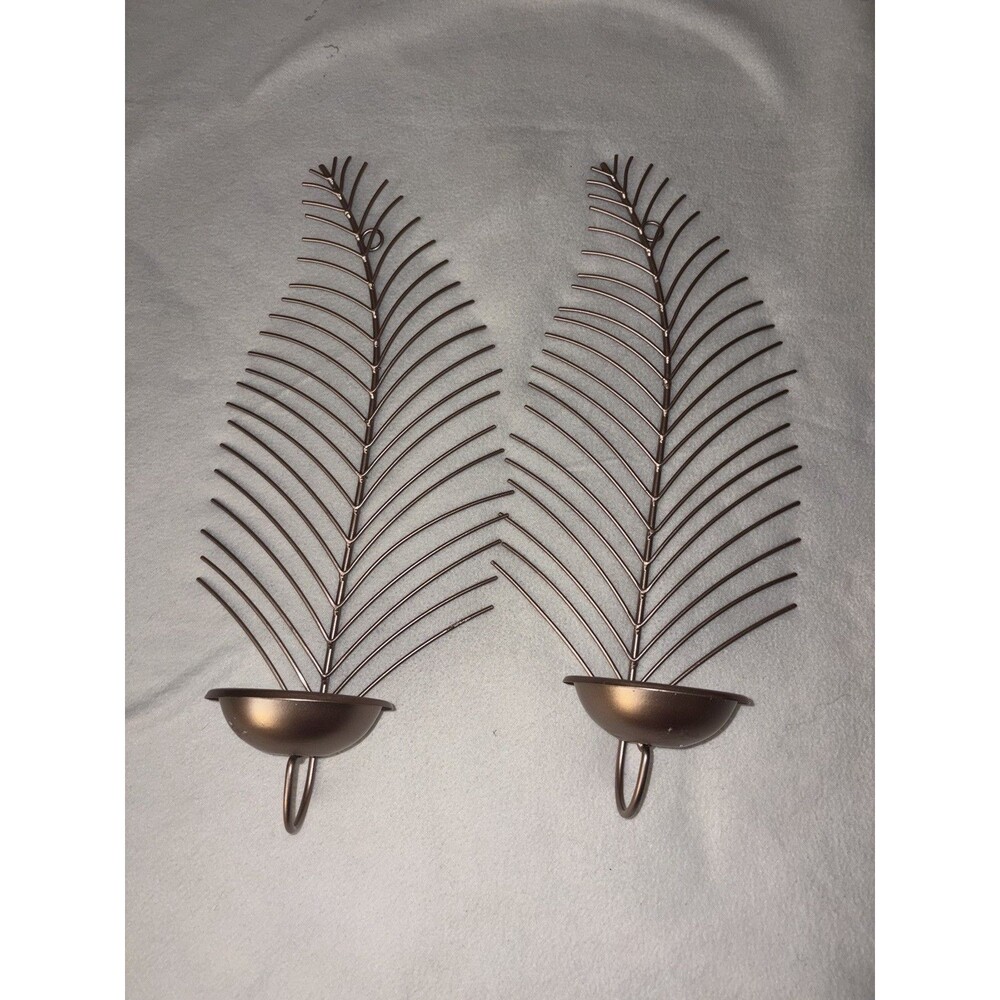 Set of 2 Metal Palm Leaf Wall Sconces Candle Holders Rose Gold 19” Boho
